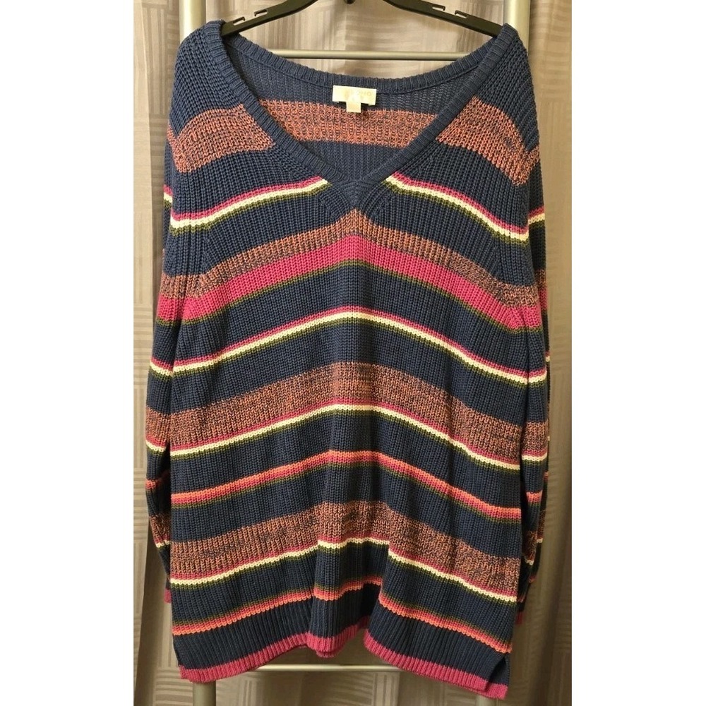 Belle Boho by Kim Gravel Women's V-Neck Knit Striped Multicolor‎ Sweater 3XL